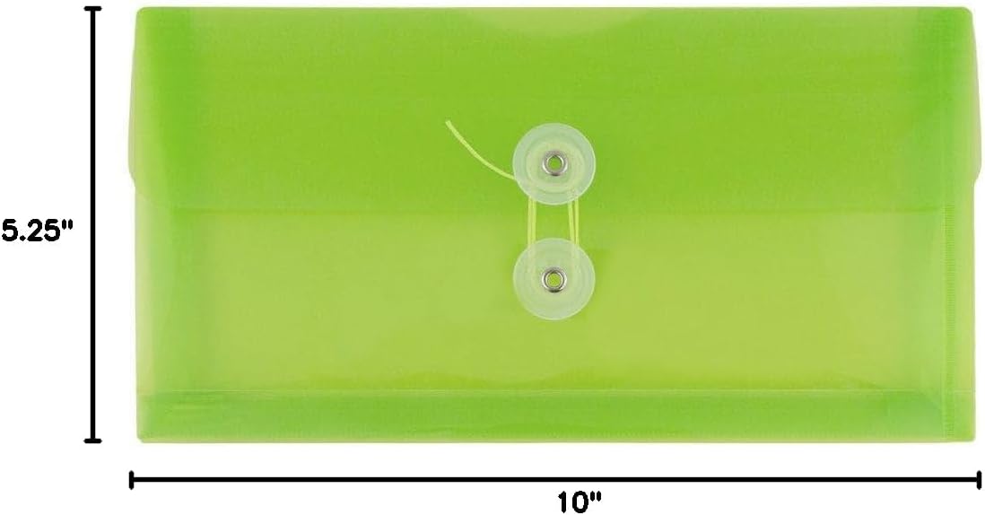 JAM PAPER Plastic Envelopes with Button & String Tie Closure - #10 Business Booklet - 5 1/4 x 10 - Lime Green - 3/pack