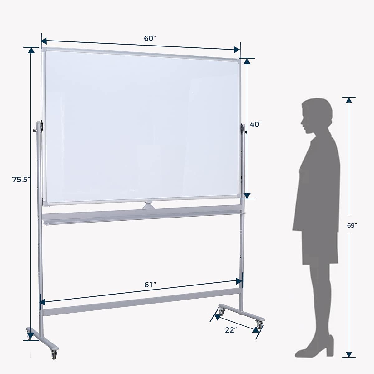 Large Double Sided Whiteboard 72x40 inches on Wheels - Height Adjustable Mobile Magnetic Dry Erase Board with Rolling Stand for Office Meetings, Classroom Teaching, Home, Silver Frame