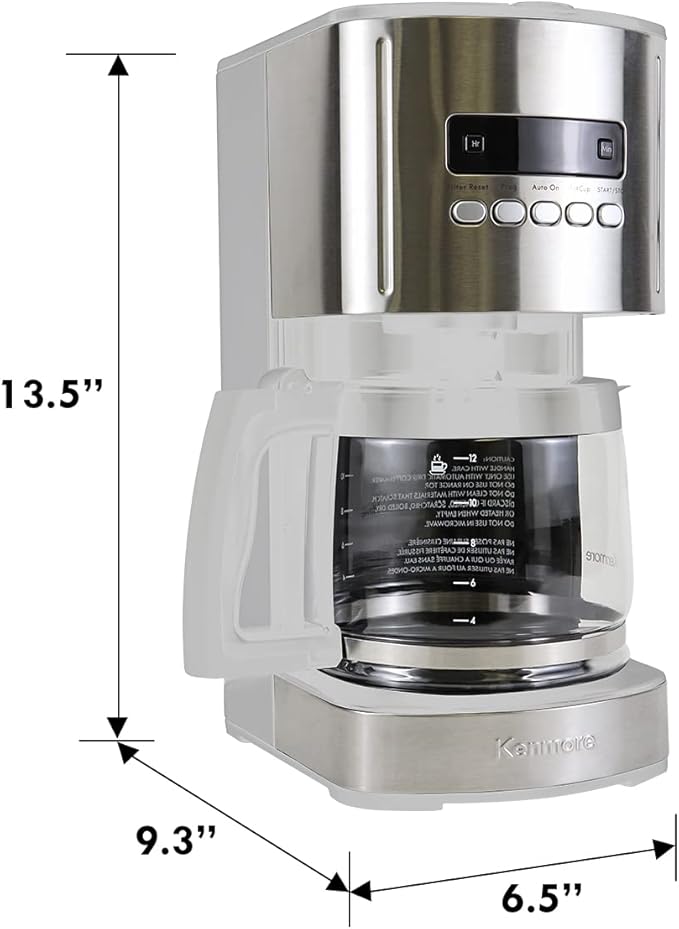 Kenmore drip Coffee Maker - 12 Cup programmable cafe machine with glass pot, regular & bold brew, auto shut off large water reservoir, reusable filter, kitchen appliances for cafeteria barista, White