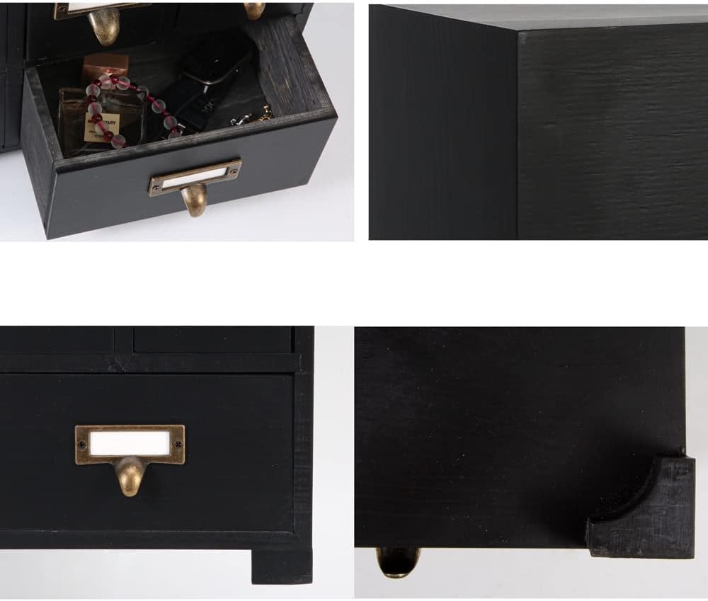 Apothecary Cabinet with 9 Drawers & Labels Rustic Library Card Catalog Cabinet Desktop Wooden Storage Box for Organize Herbal、Tea Bag、Jewelry (Black)