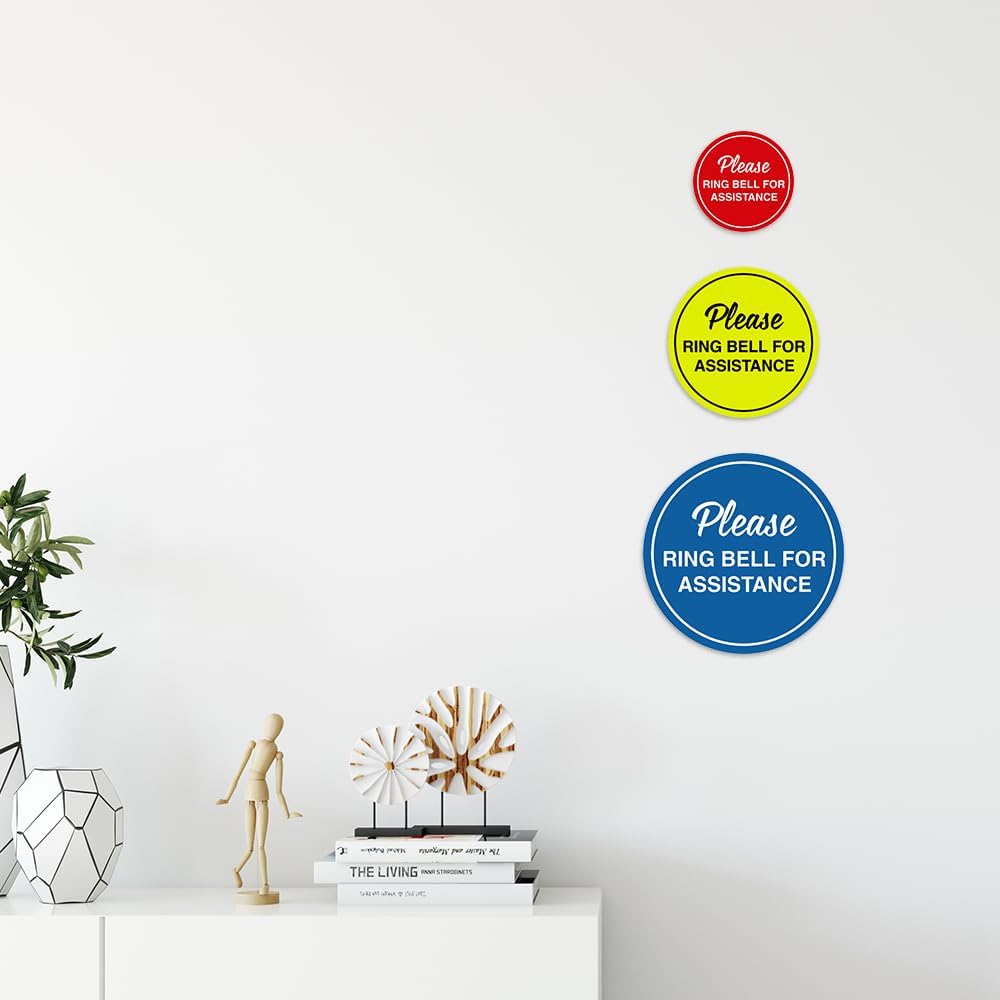 Signs ByLITA Circle Please Ring Bell For Assistance Wall or Door Sign | Easy Installation | Front Desk Reception Sign (Yellow/Black) - Small (1 Pack)