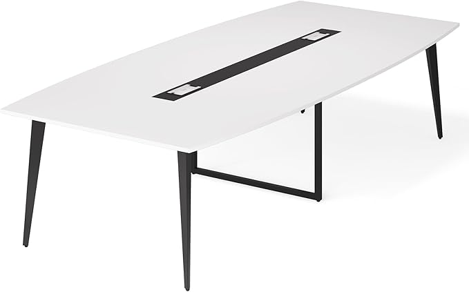 Tribesigns 8FT Conference Table, 94.48L x 47.21W x 29.52H Inches Boat Shaped Meeting Table with Rectangle Grommet, Modern Seminar Table for Office Meeting Conference Room (White & Black, 8ft)