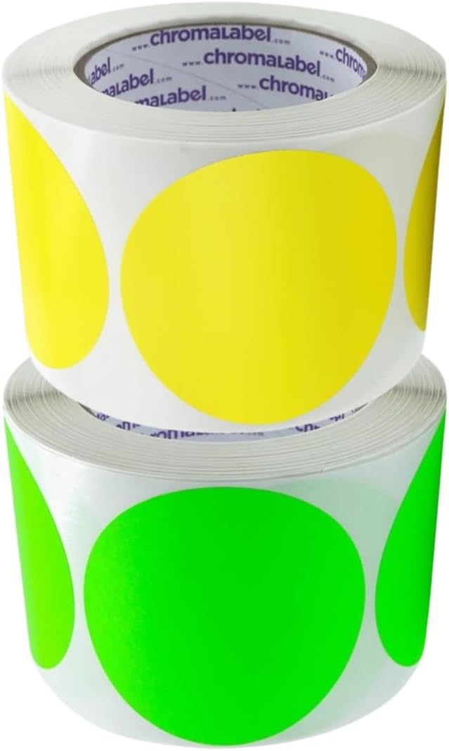 ChromaLabel 3 Inch Round Sticker Labels, Permanent Sticky Dots Color Coding Label, Easy to Write On Color Coded Stickers - 500 Colored Labels per Roll - Matte Finish Fluorescent Green and Yellow