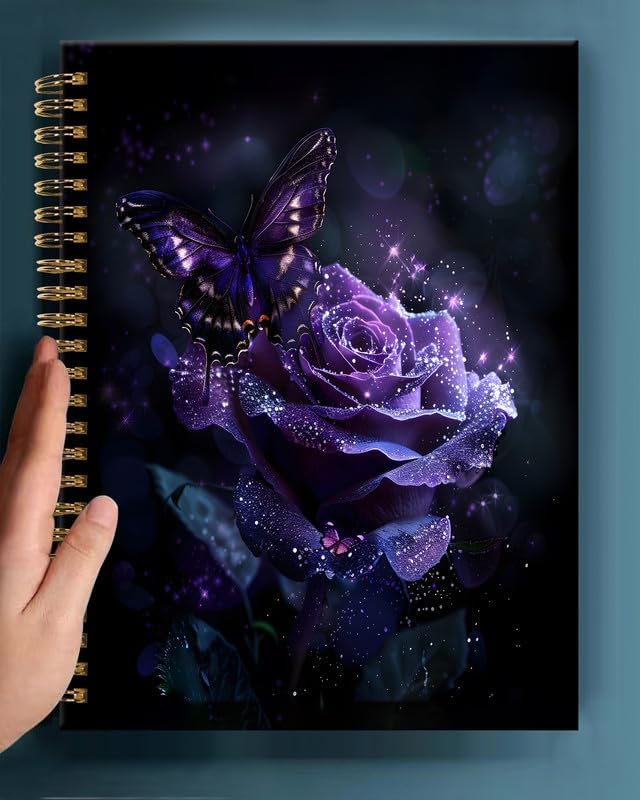 Spiral Journal Notebook,A5 Hardcover Lined Journals for Women 6 x 8.3 in,120 Pages Thick Paper,Cute College Ruled Writing Notebook for Gifts Office Work School(Sparkle Purple Butterfly Floral)