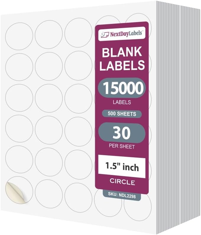 NextDayLabels - 1.5 Inch Round Labels - Matte White Blank Laser/Inkjet Printer Stickers (500 Sheets, 30 Per Sheet, 15000 Circle Stickers)