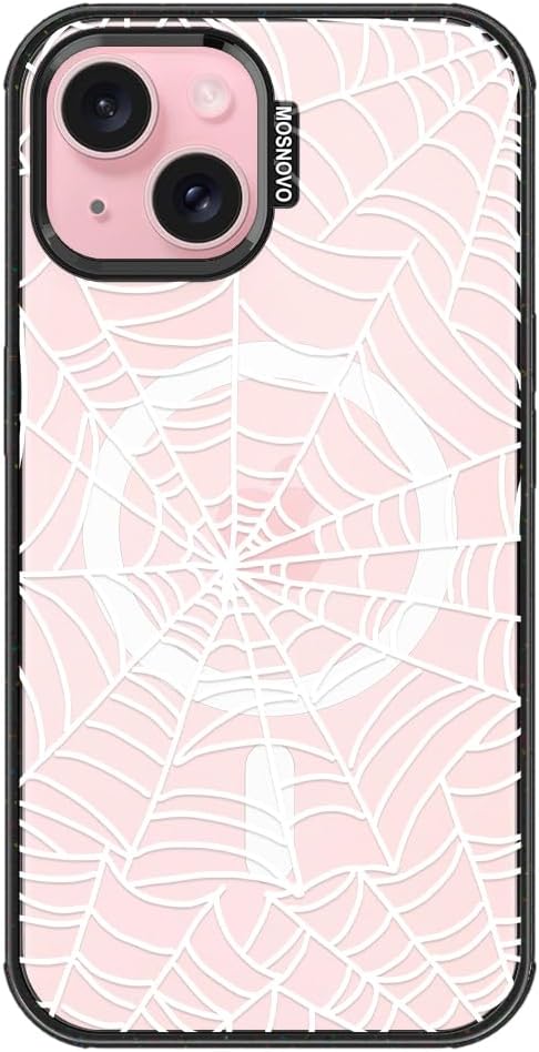 MOSNOVO Magnetic Case for iPhone 15, 10ft Military-Grade Protection, Compatible with Magsafe, Shockproof Phone Case for iPhone 15 - Spider Web - Clear Black