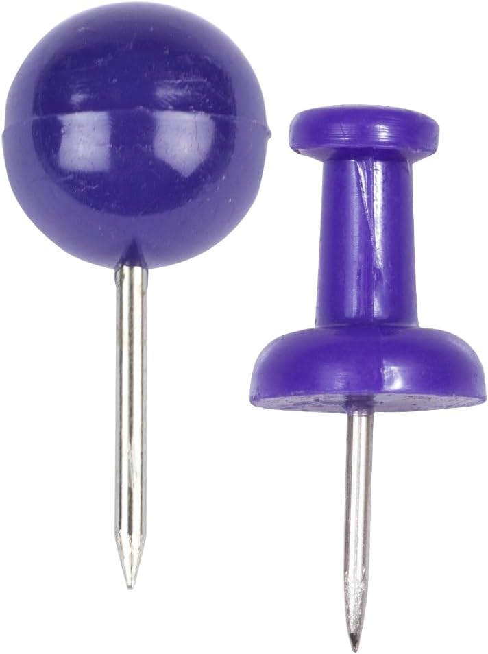 JAM PAPER Colorful Push Pins - Flat & Round Head Thumb Tack Combo Set - Purple Pushpins - 200/Pack