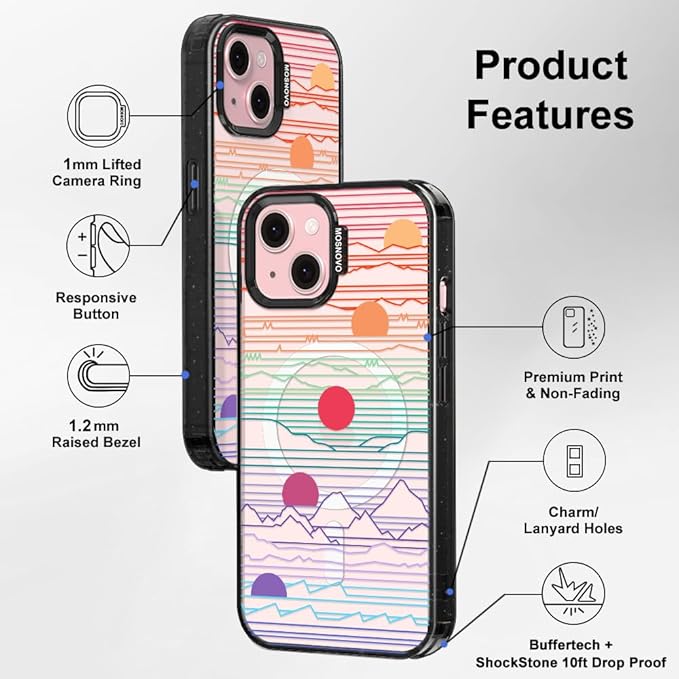 MOSNOVO Magnetic Case for iPhone 15, 10ft Military-Grade Protection, Compatible with Magsafe, Shockproof Phone Case for iPhone 15 - Sunrise and Sunset - Clear Black