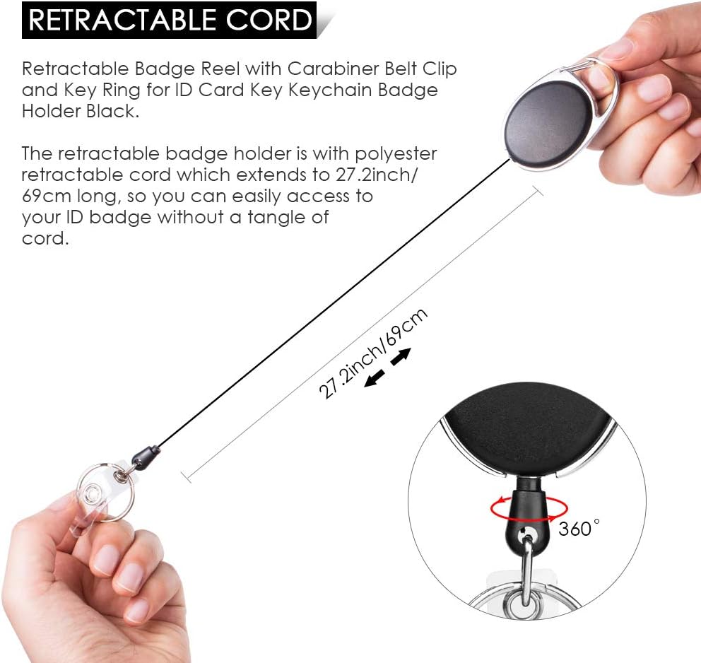 Retractable Badge Holder with Carabiner Reel Clip and Key Ring for ID Card Key Keychain Holders Black 10 Pieces by Moever