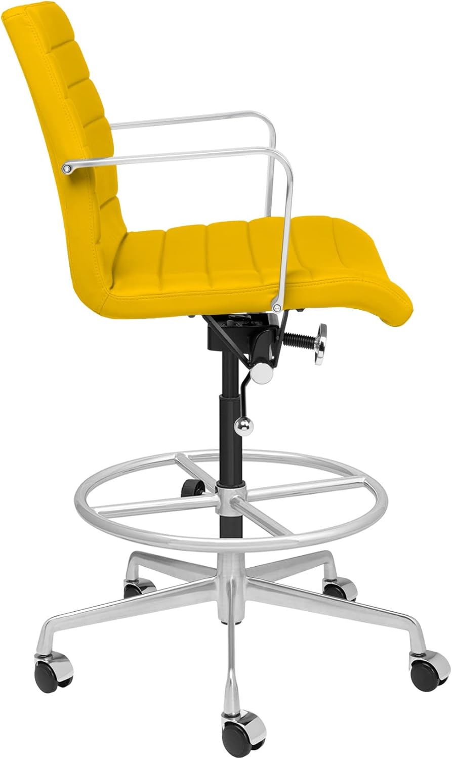 Laura Davidson Furniture SOHO II Ribbed Drafting Chair for Standing Desks, Standing Desk Chair - Ergonomically Designed, Commercial Grade Draft Height, Arm Rest & Cushion, Made of Faux Leather, Yellow