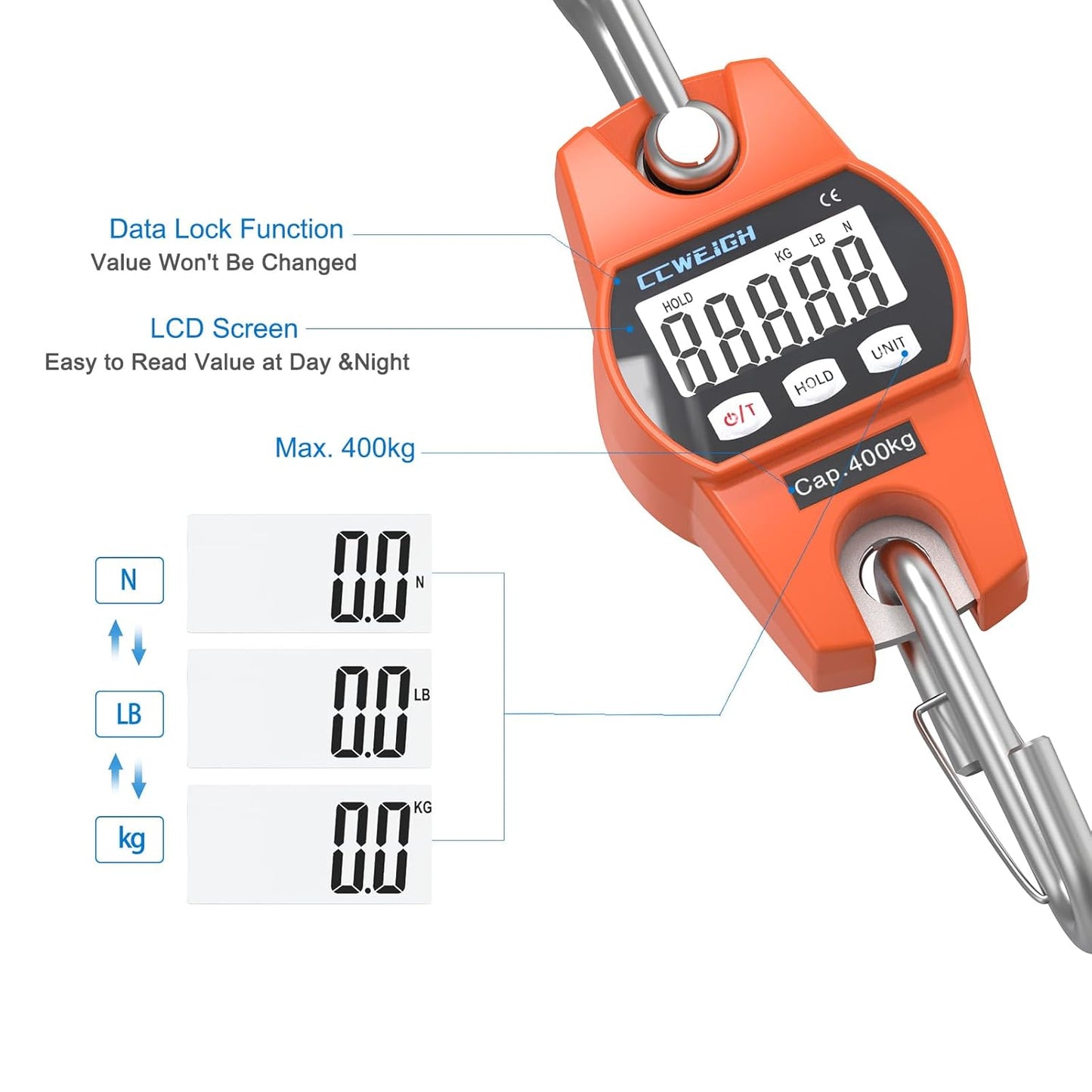 Hanging Scale Handheld 880lb/400kg Crane Scale Luggage Scale,with ABS Plastic case & Big LCD Display, Portable Digital Mini Crane Scale Fishing Scale,for Gym,Hunting,Travelling,Farming(Orange)