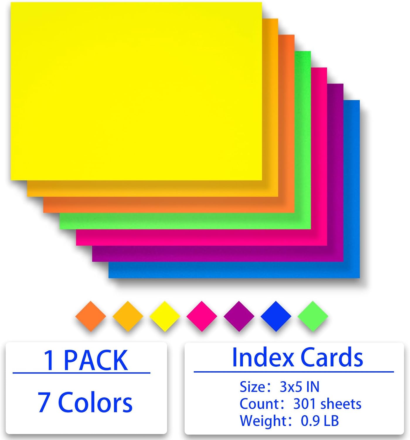 Index Cards 301-Count 3x5 Inch,178GSM Heavyweight Set of 7 Fluorescent Colors Paper Multicolor Study Cards