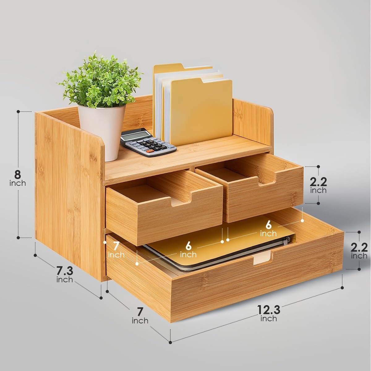 Bamboo Desk Organizer With 3 Drawers Desktop Organizer Modren Table Storage Organizer For Office Home Toiletries Supplies Vanity Kitchen, No Assembly Required, Odorless