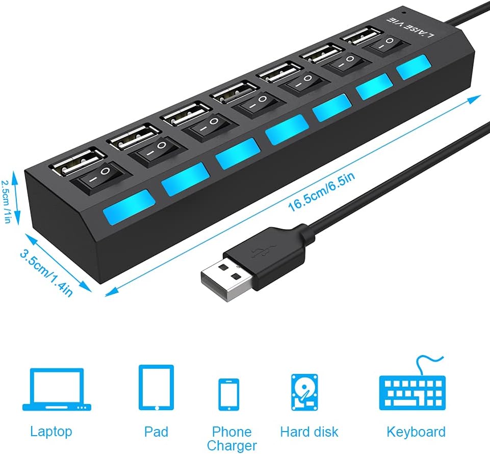 Multi Port Splitter, 7 Port USB 2.0 Hub, USB A Port Data Hub with Independent On/Off Switch and LED Indicators, Lights for Laptop, PC, Computer, Mobile HDD, Flash Drive and More (Black 2.0)