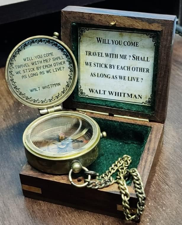 Will You Come Travel With Me? Shall We Stick By Each Other As Long As We Live? Vintage Quote Brass Compass with Wooden Box Scripture-WALT WHITMAN, Gifts Idea, Girls/Boys, Lovers, Husband, Wife, Fiancé