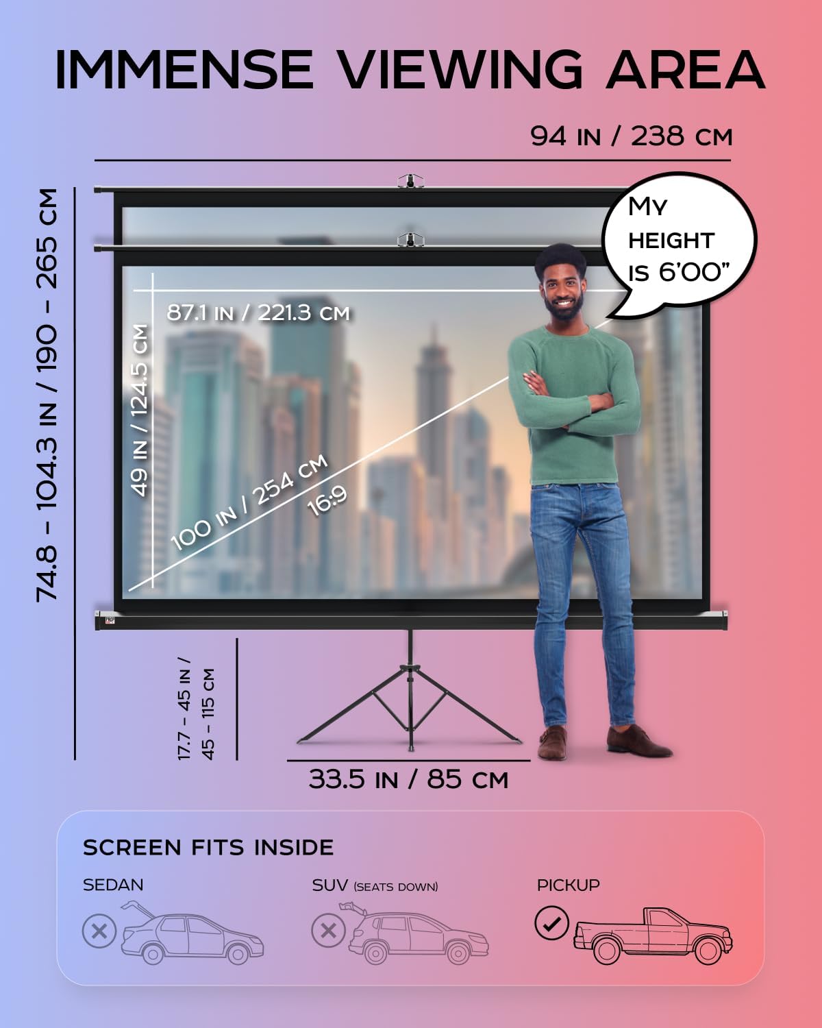 100 Inch Indoor and Outdoor Projector Screen with Stand for Movies or Presentations - HD Premium 16:9 Folding Free Tripod Screen with Carry Bag and Straps, Matte