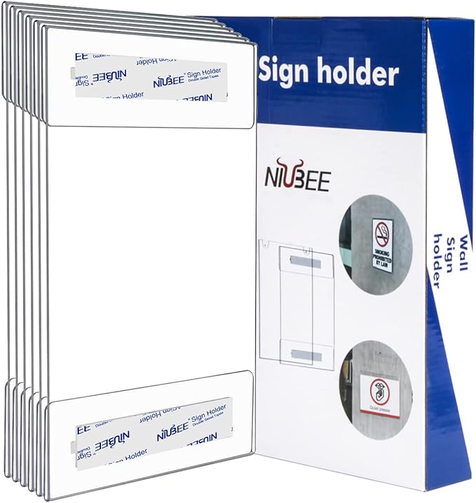 Niubee 11x14 inch Wall Mount Acrylic Sign Holder with Double Sided Adhesive Tape for Office, Home, Store, Restaurant, No Drilling - Vertical (6 Pack)