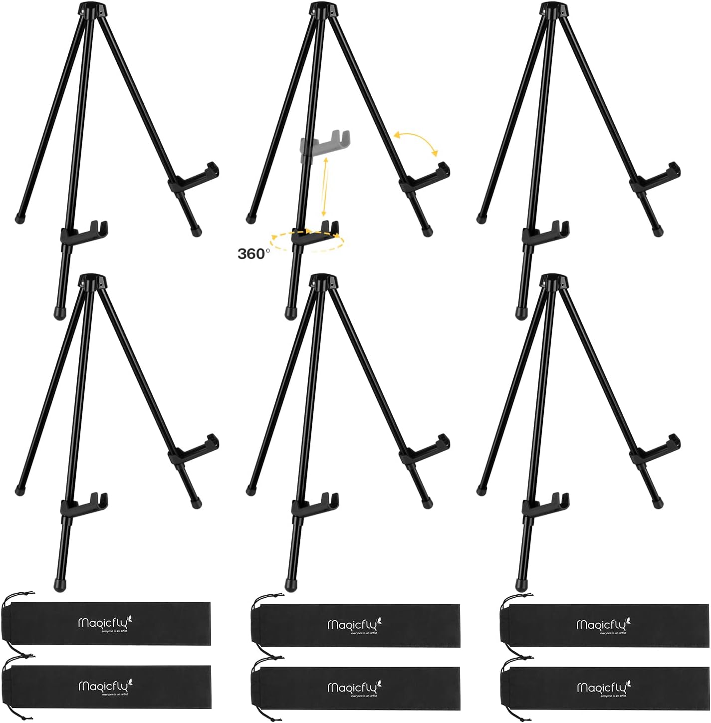 Magicfly 6 Pack Tabletop Easel, Black Steel Table Top Easels for Display, Adjustable & Portable Tripod Easel with 6 Storage Bags, for Signs, Posters, Holds 5 lbs