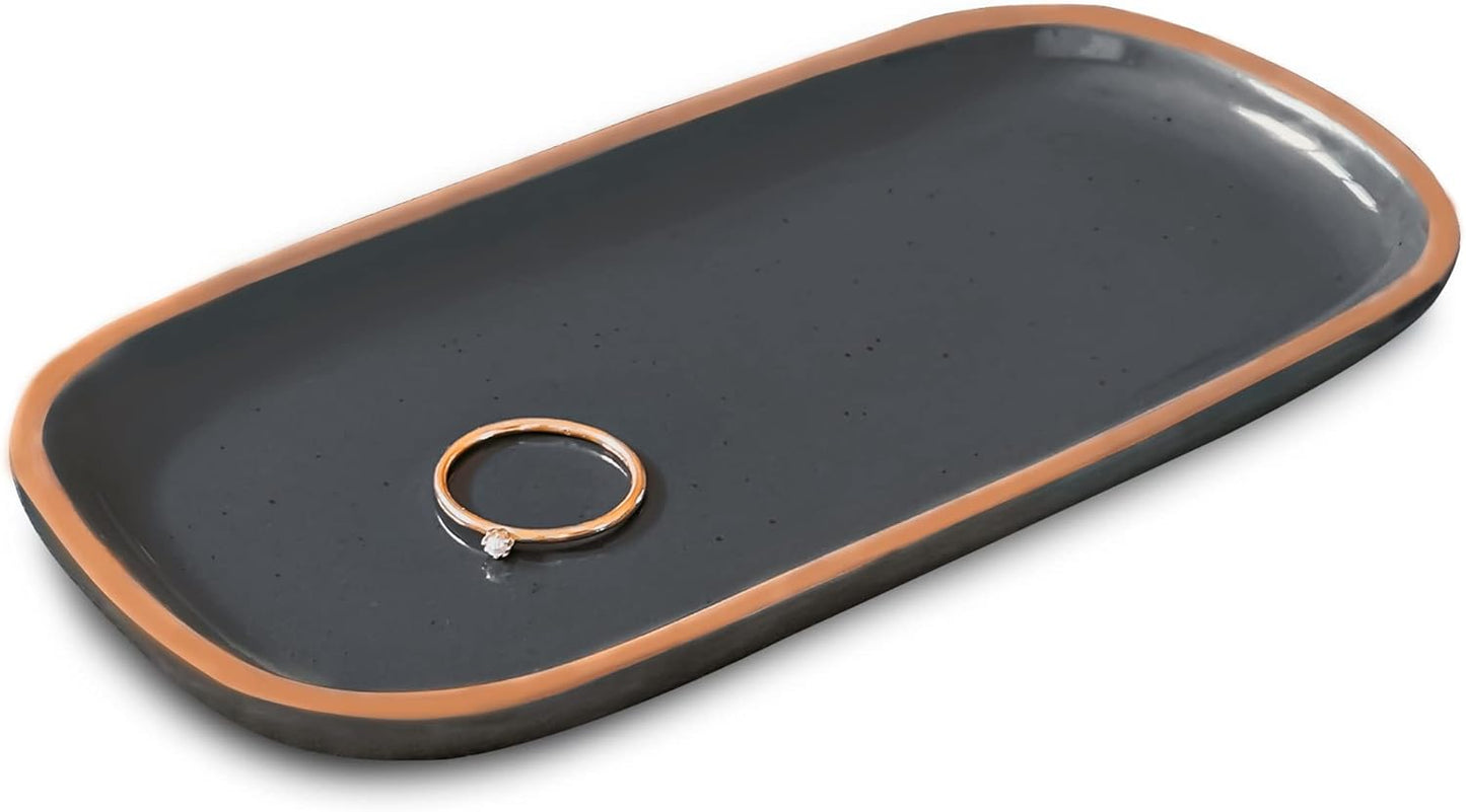 Mora Ceramic Decorative Tray - Rectangle 6.4in Dish for Jewelry, Perfume, Makeup, Accessories, Candle, in The Bathroom Vanity, Bedside, or Kitchen Counter. Cute Organizers - Black