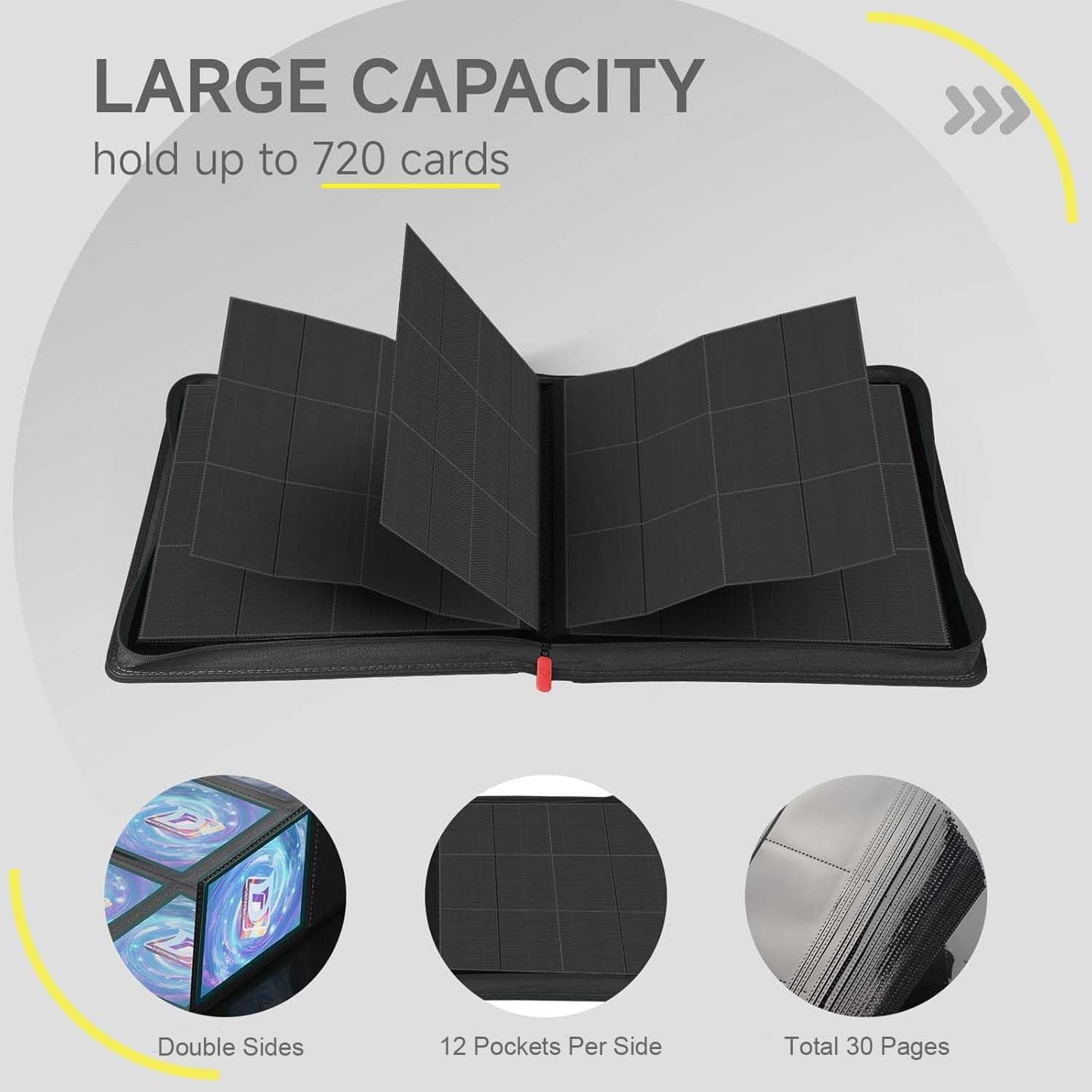 Trading Card Binder with Zip,12 Pockets Card Binder,720 Double Sided Pocket Card Collection Binder,Card Album Card Folder for MTG,TCG,Sports Cards,Game Cards,Black