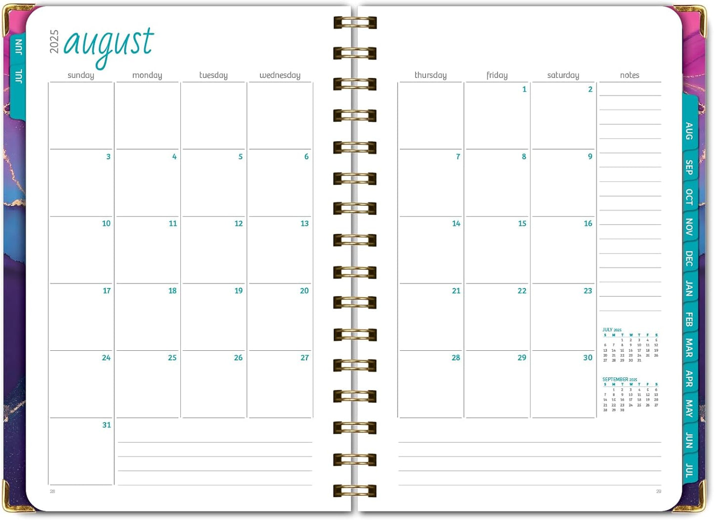 HARDCOVER Academic Year 2025-2026 Planner: (June 2025 Through July 2026) 5.5"x8" Daily Weekly Monthly Planner Yearly Agenda. Bookmark, Pocket Folder and Sticky Note Set (Pink Purple Marble)