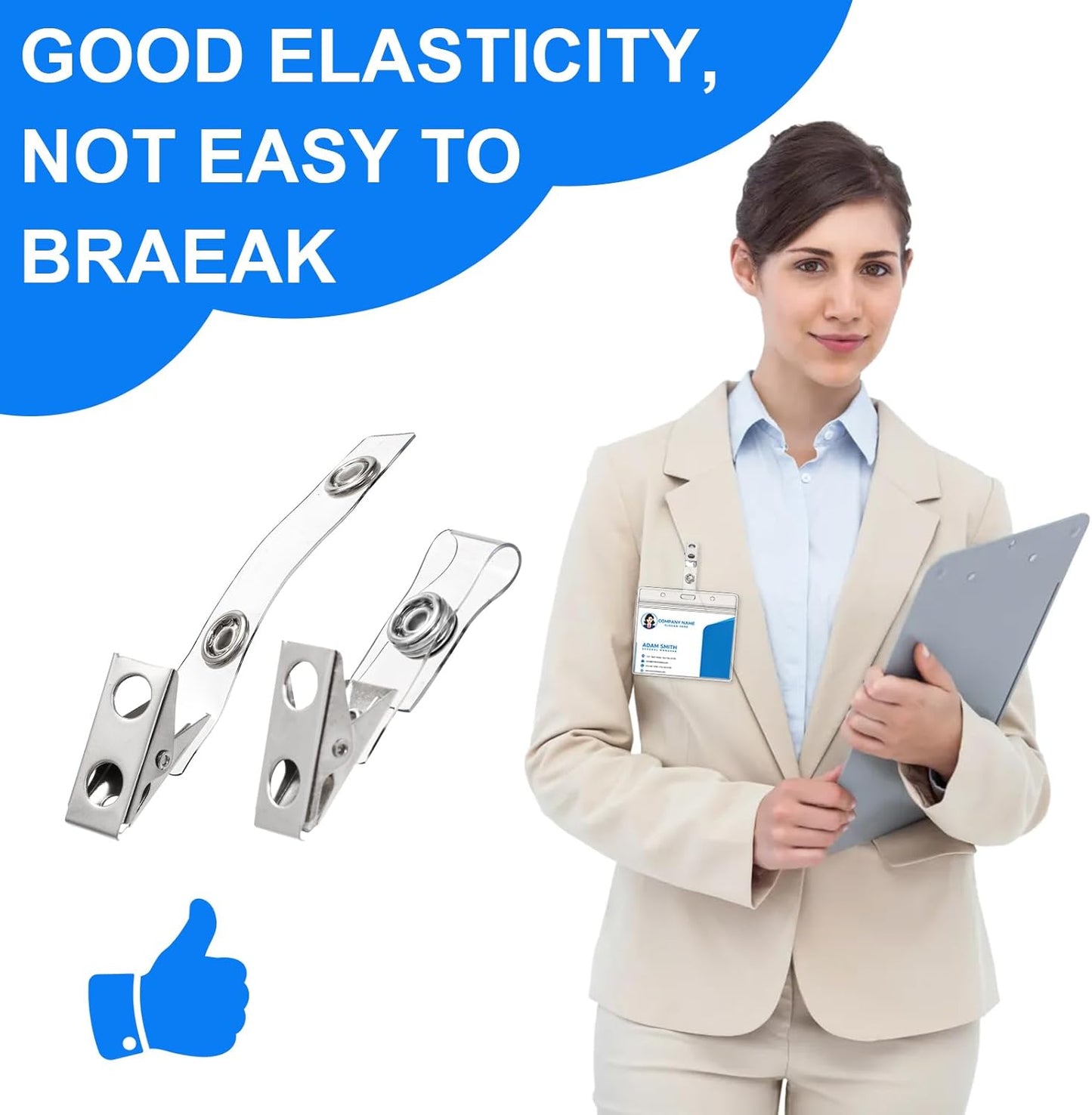 WUWEOT 300 Pack Metal ID Badge Clips, Double Hole Alligator Strap With Clear PVC Straps for Name Tags, Cards and Cage Badge Holders, Office Supplies