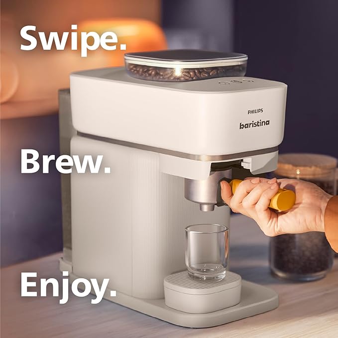 Philips Baristina Espresso Machine, Grind, Tamp & Brew Coffee Beans in One Swipe, Compact, 16 Bar Pump Pressure, Automatic Grinder, Natural White with White Portafilter (BAR300/00)