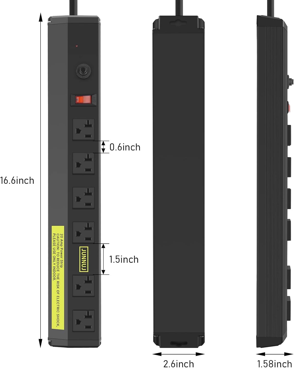 JUNNUJ Heavy Duty 20 Amp Power Strip 2 Pack, High Amp Surge Protector 6 Outlet, 20A Power Workshop Industrial Outlets Wide Spaced 6-20R T-Slot with Circuit Breaker,12 Gauge Extension Cord 6ft