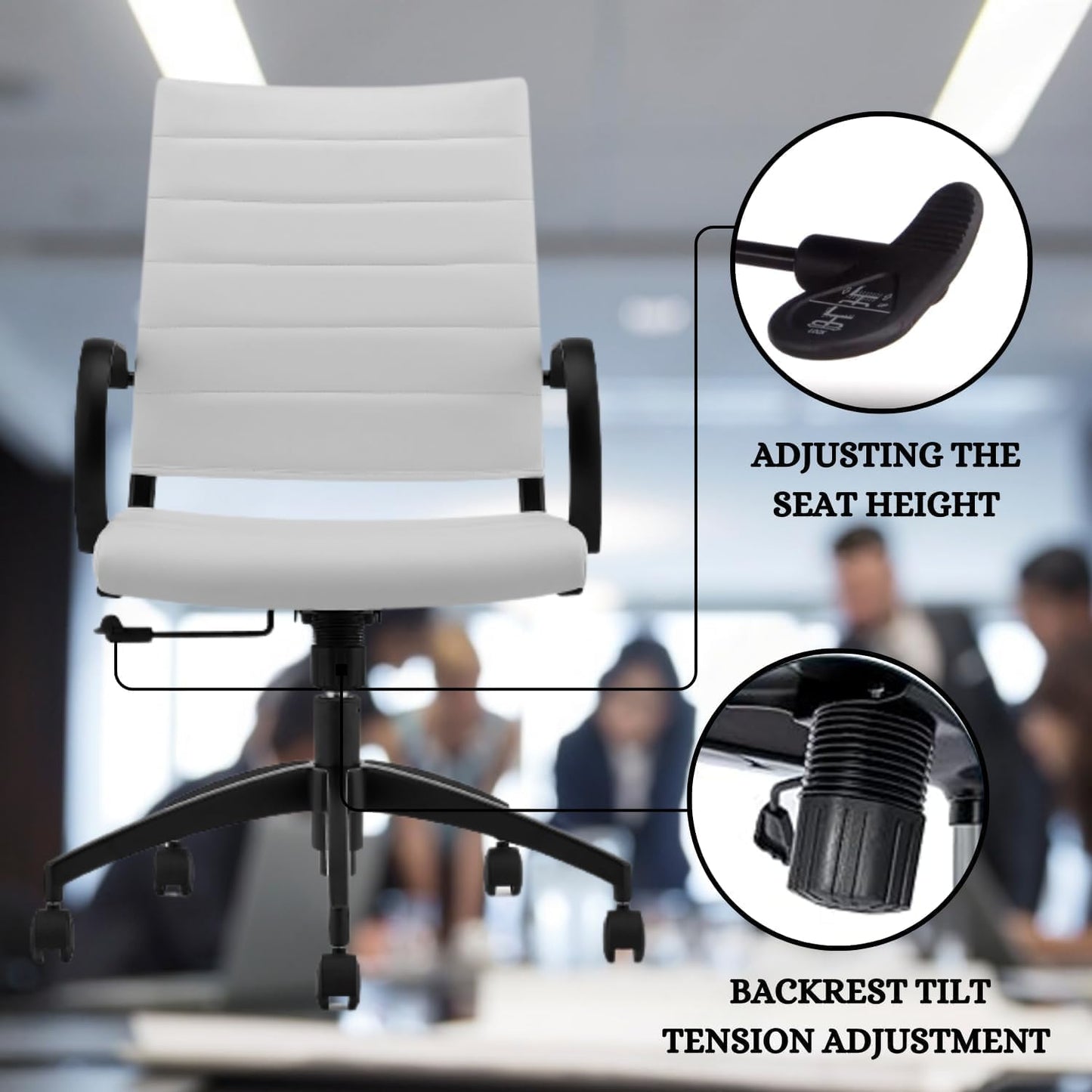 Ribbed Mid Back Conference Room Chairs - Lumbar Support, Modern Executive Home Office Chair - White Leather Seat & Black Aluminum Frame