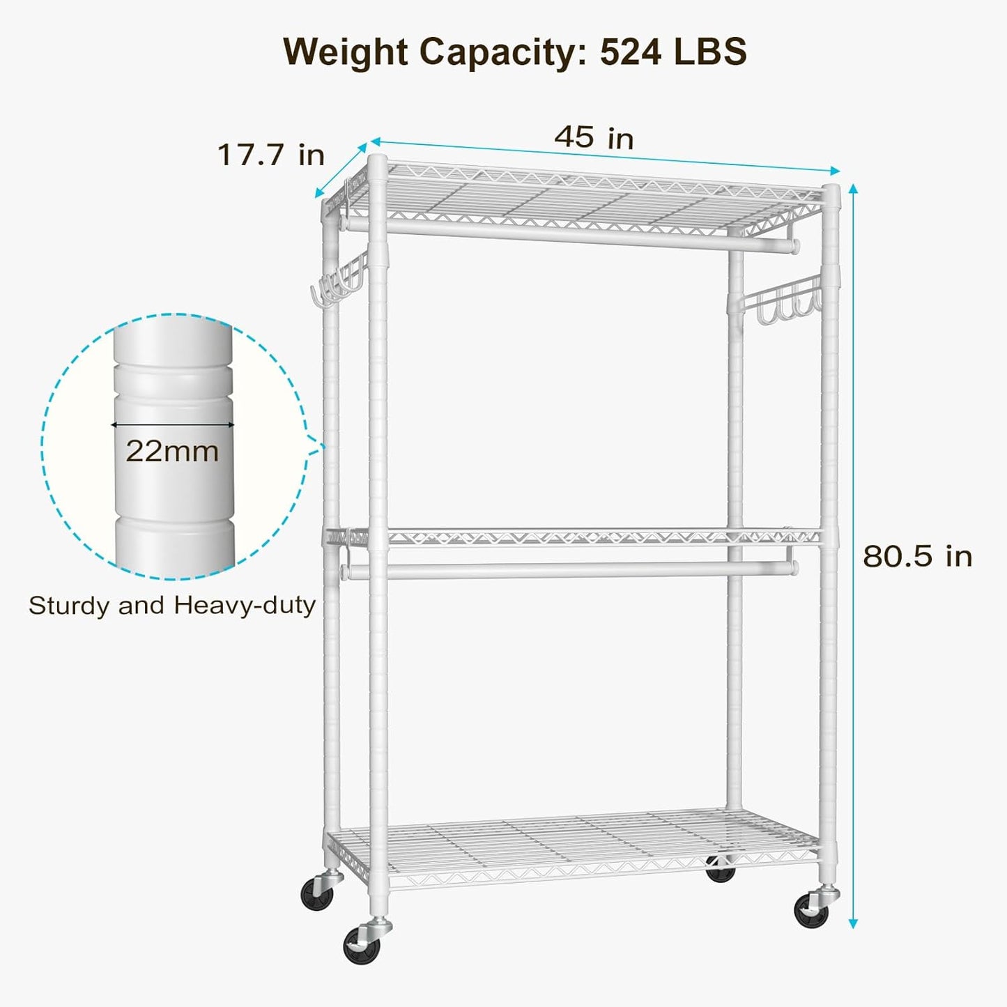 P1 Plus Rolling Clothes Rack, 22mm Diameter Heavy Duty Garment Rack with Wheels, Portable Closet Wardrobe with Double Rods, 45" W x 17.7" D x 80.5" H, Max Load 524 LBS, White