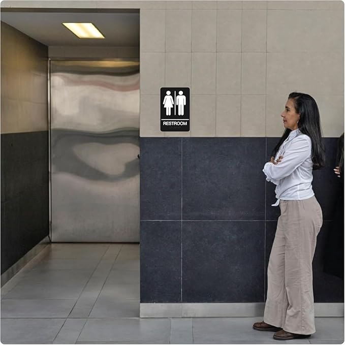 ADA Braille Unisex Restroom Signs for Business with Double Sided 3M Tape - ABS Plastic Gender Neutral Bathroom Sign 9” x 6”- Pack of 10 for Offices and Restaurants