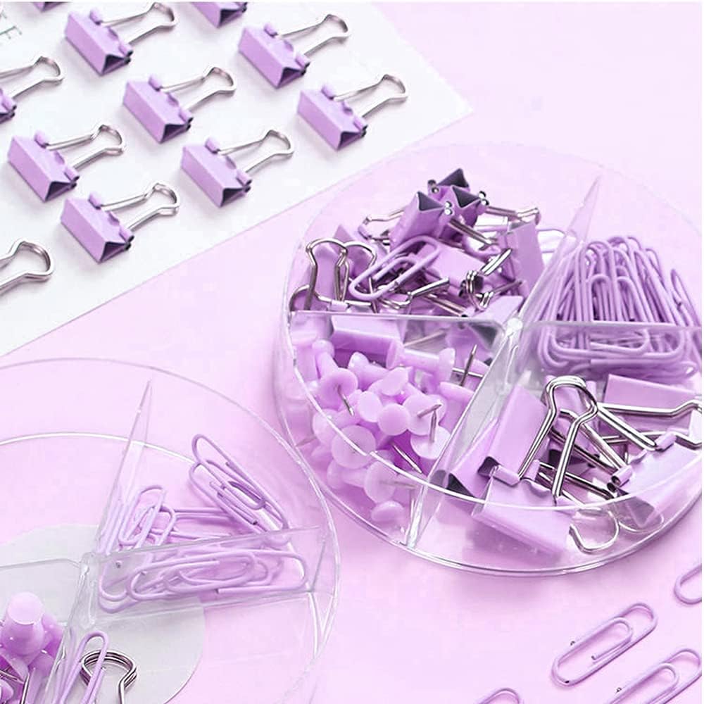 Purple Paper Clips and Binder Clips Set, 216 pcs, Metal Assorted Sized Binders with Push Pins, Cute Office Supplies for Desk, Durable Desk Accessories, 3 Pack