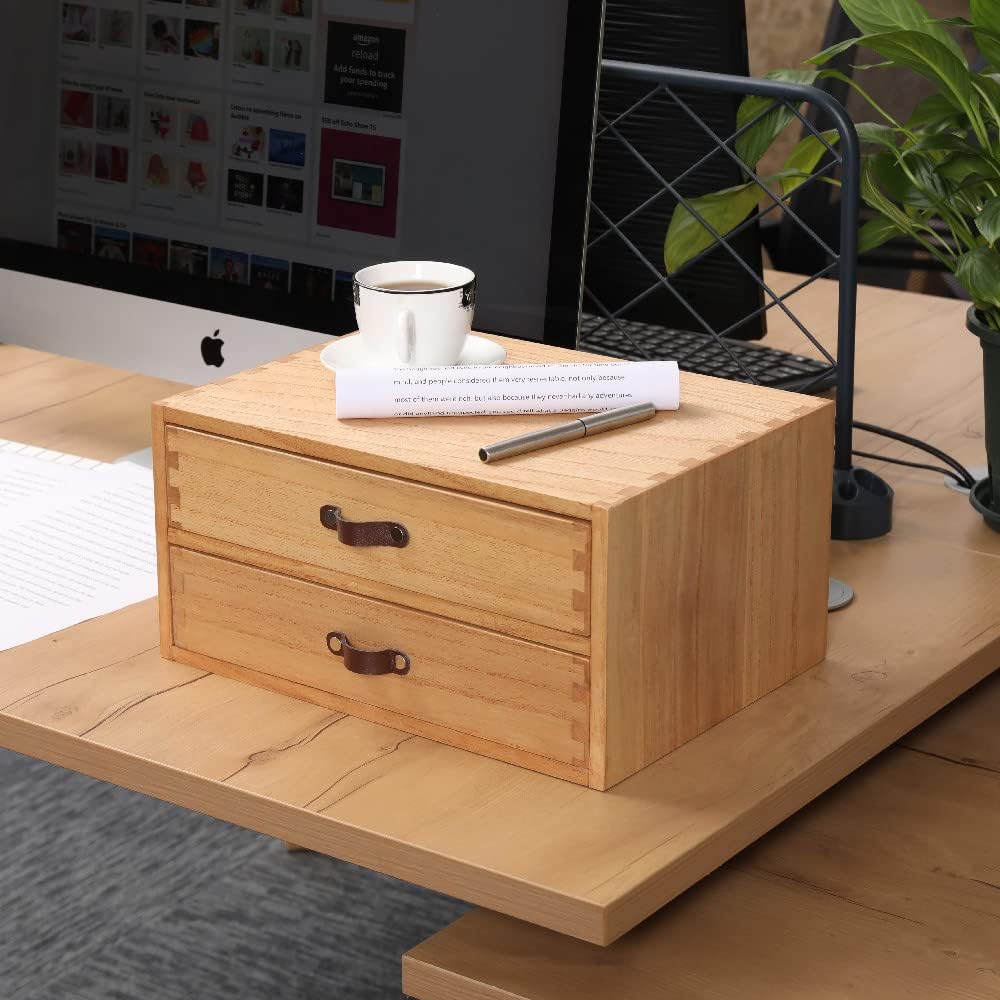 Wooden Desk Organizer with 2 Drawers - Desktop Storage Drawers for Office Supplies File Paper Storage - Wood Chest/Small Cabinets for Jewelry Dresser Kitchen Counter (FAX2C-LT)
