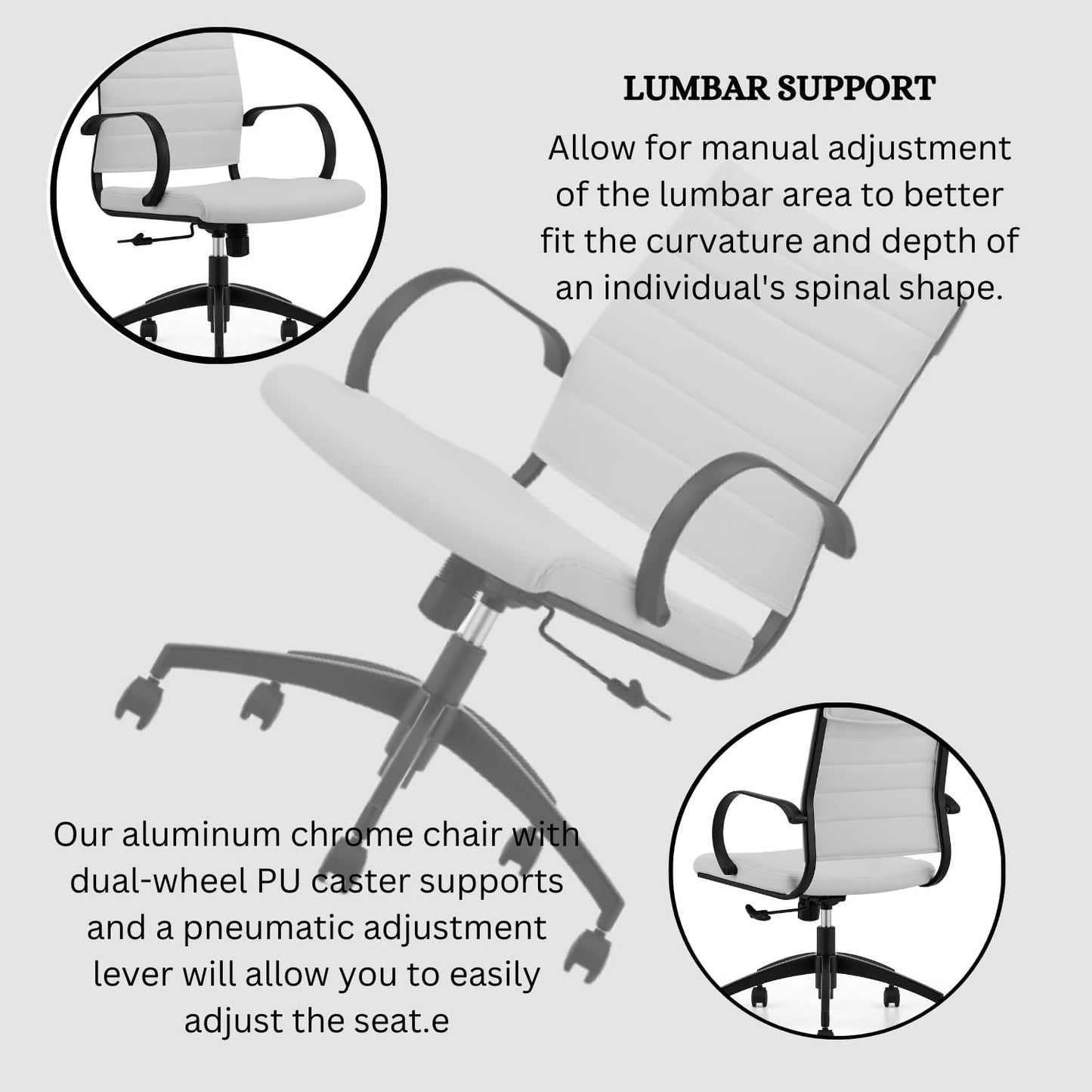 Ribbed Mid Back Conference Room Chairs - Lumbar Support, Modern Executive Home Office Chair - White Leather Seat & Black Aluminum Frame