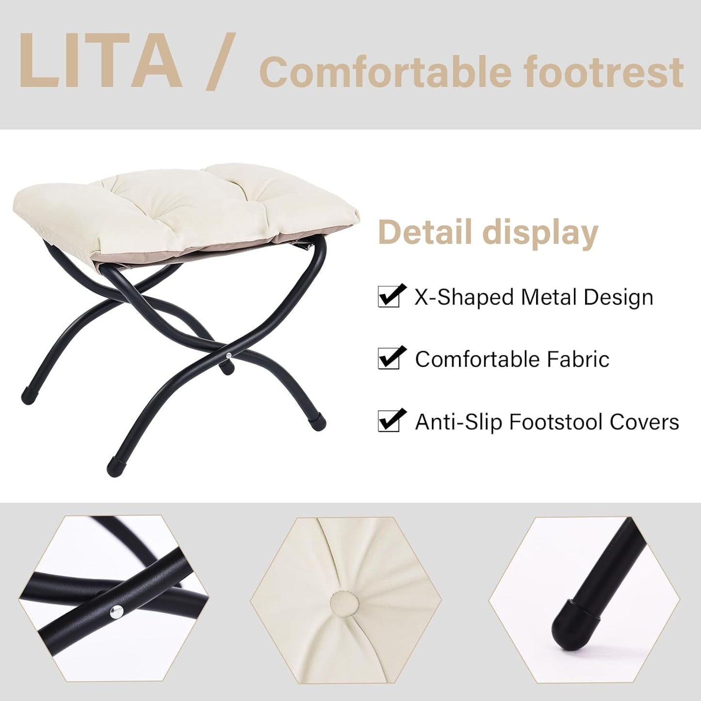 LITA 2 Pcs Folding Upholstered Footrest Stool, Modern Small Portable Accent Ottoman with Detachable Thick Cotton Cushion, Padded Sofa Stool with Metal Frame, Living Room & Bedroom,Velvet Beige