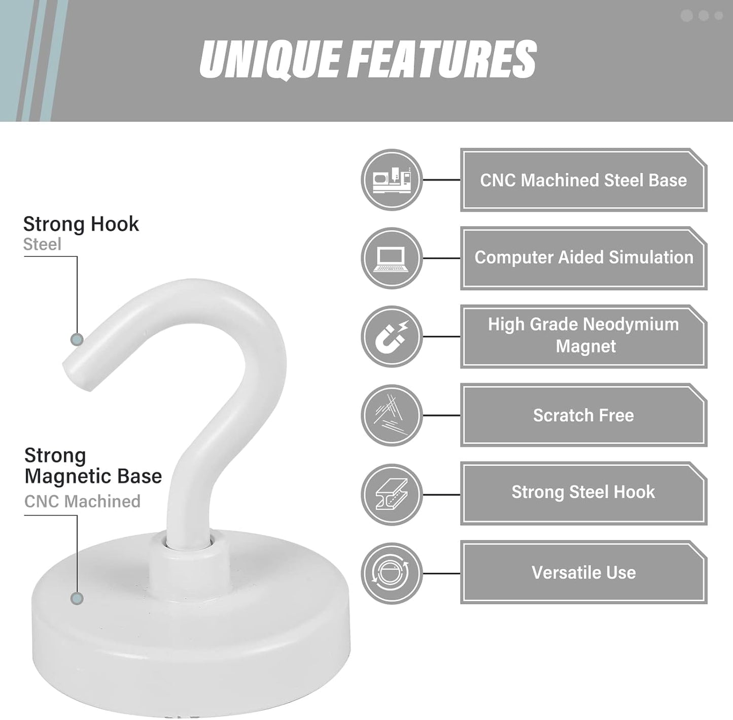 Neosmuk Magnetic Hooks Heavy Duty, Strong Magnet with Hook for Fridge, Super Neodymium Extra Strength Industrial Hooks for Hanging, Magnetic Hanger for Toolbox, Cruise, Grill(White,4 Pack)