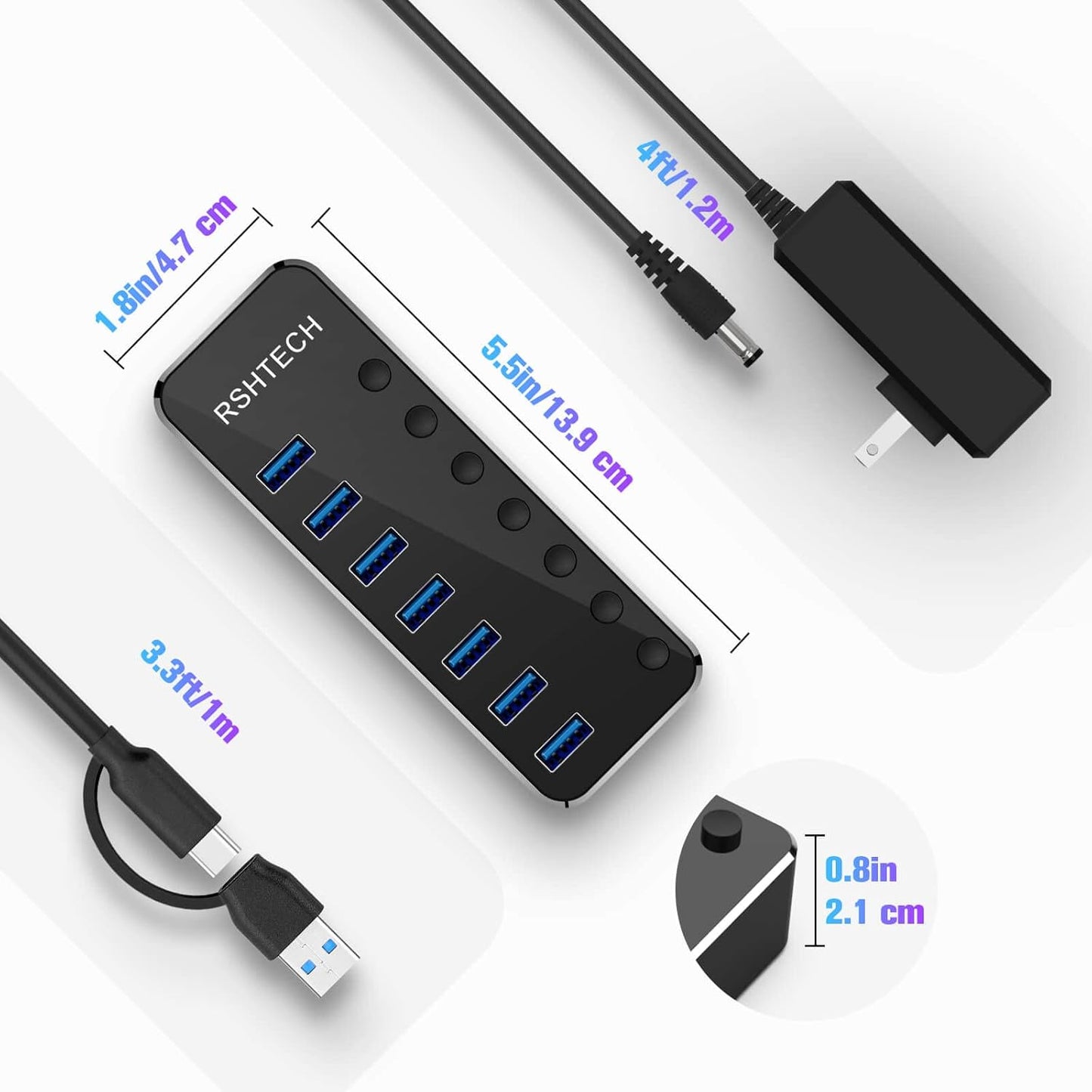 Powered UBS Hub, RSHTECH 7 Port USB 3.0/USB C Hub Upgraded Version Aluminum USB Splitter with 2-in-1 USB Cable,5V 3A Power Adapter and Individual Switches, USB Port Expander for Laptop/PC, RSH-ST07