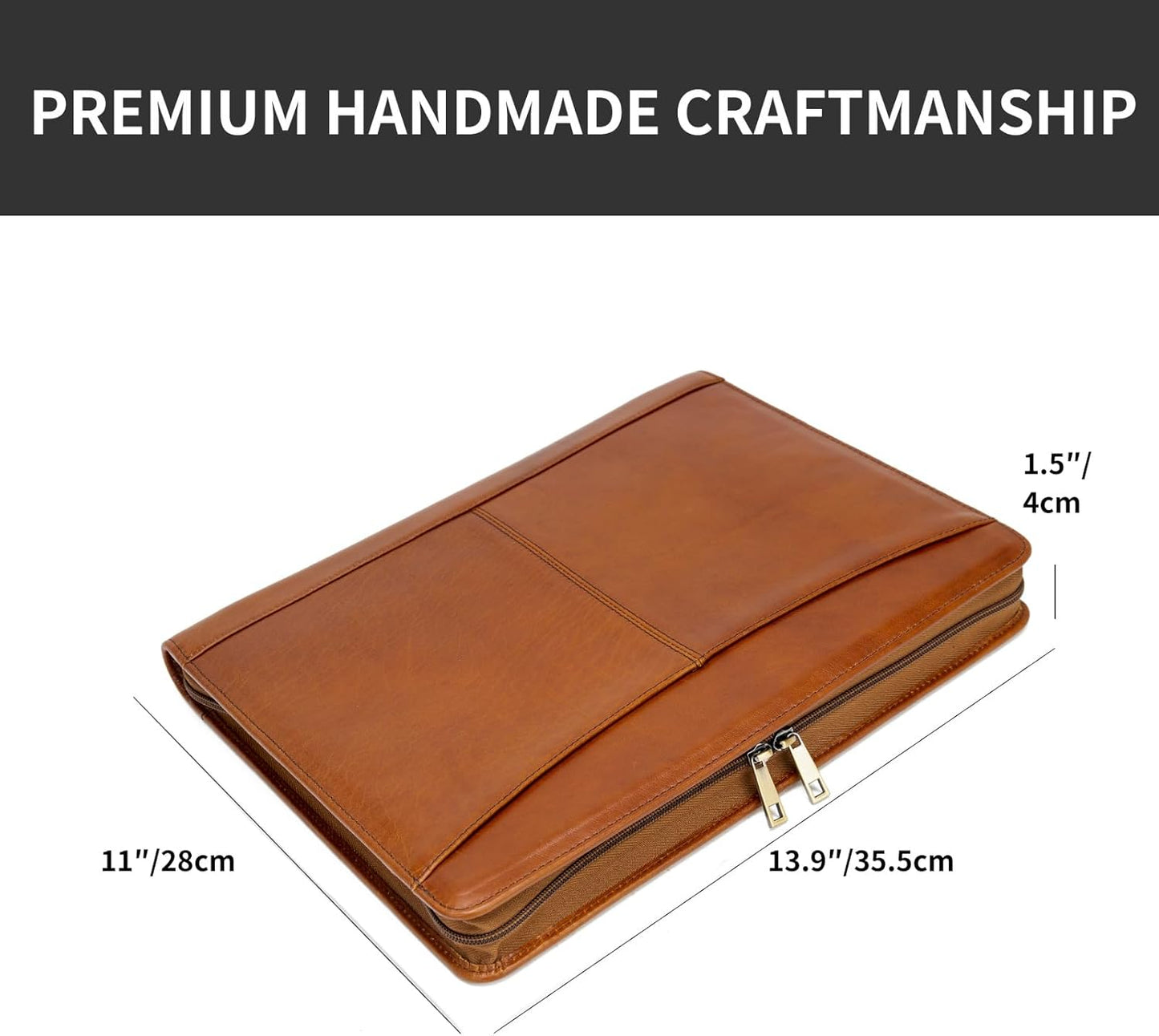 Personalized Genuine Leather Portfolio with Front Pocket for Men and Women, Custom Engraved Zippered Padfolio Binder for 8.5 x 11 Legal Pad Notebook, Professional Laptop Case, Brown, Oil Tanned