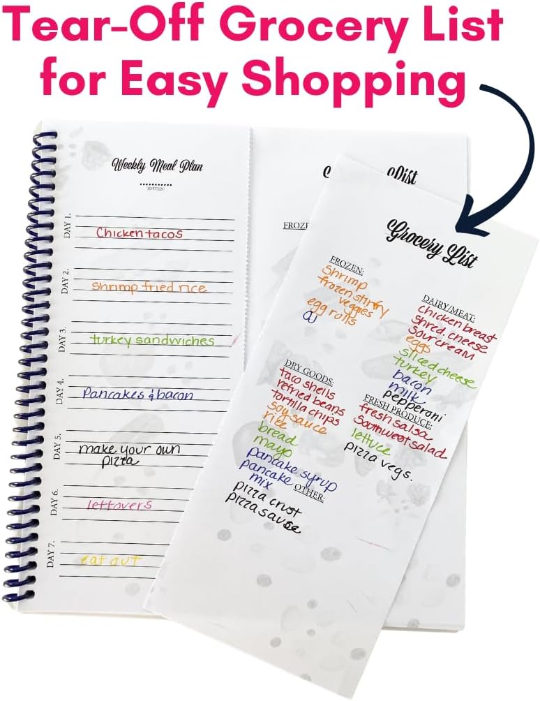 Large Spiral-Bound Weekly Meal Prep Planner Notebook – Full-Year Organizer with Laminated Covers, Tear-Off Grocery List Notepad, Undated Weekly Planner & Food Journal - Menu Calendar, & Budget Tool