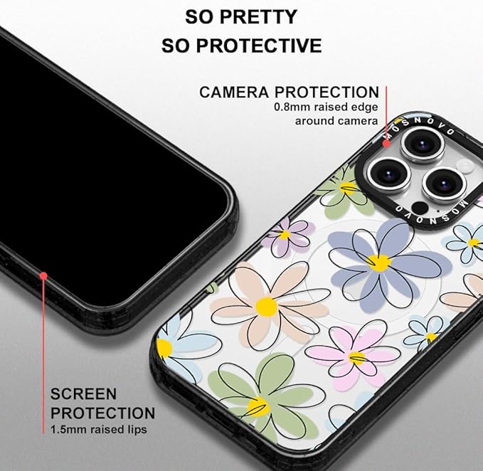 MOSNOVO Magnetic Case for iPhone 16 Pro, 10ft Military-Grade Protection, Compatible with Magsafe, Shockproof Phone Case for iPhone 16 Pro - Linear Blooms - Clear Black