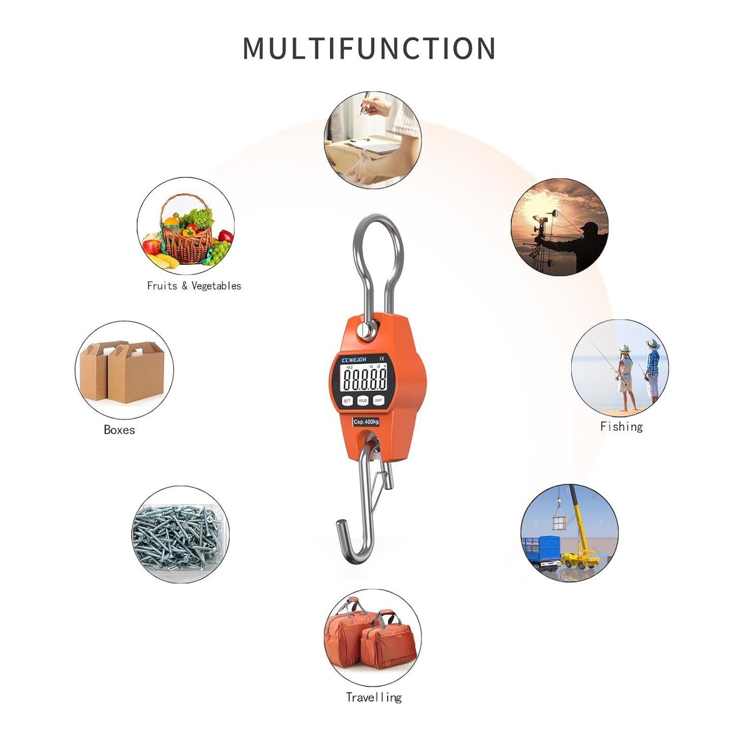 Hanging Scale Handheld 880lb/400kg Crane Scale Luggage Scale,with ABS Plastic case & Big LCD Display, Portable Digital Mini Crane Scale Fishing Scale,for Gym,Hunting,Travelling,Farming(Orange)