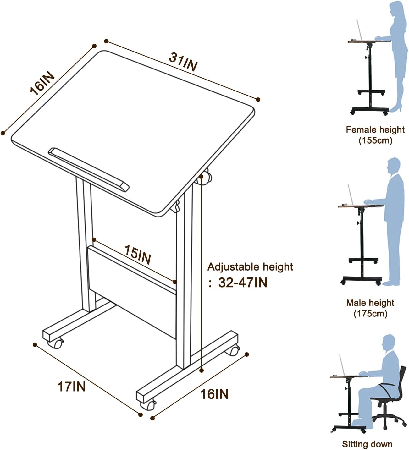 KOUPA Height Adjustable Standing Desk,widths16 in Length 31 in, Portable Rolling Mobile Stand Up Table with Wheels, 360 Degree Flip Laptop Computer Desk for Home Office, Rustic Brown