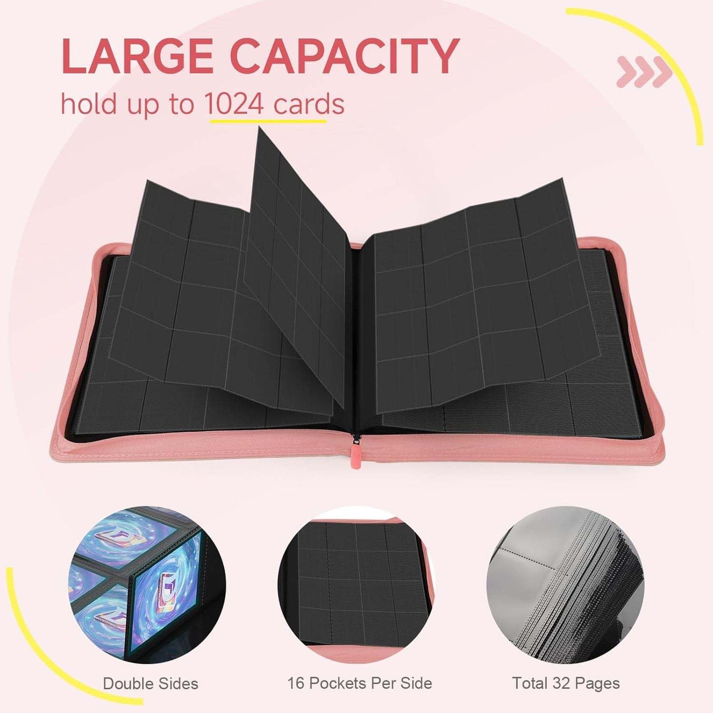Card Binder with 1024 Cards,16 Pocket Trading Card Binder Includes 32 Page Storage Sleeves,Collection Card Album,Card Holder to Organize and Protect Cards,Pink