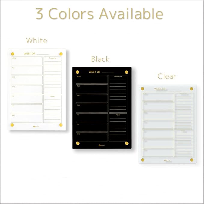 Glass Golden Weekly Dry Erase Calendar & Menu Whiteboard for Wall, Meal Planning & Grocery Shopping List White Board for Kitchen, 15x11, 7 Days Planner for Home, 4 Wet Erase Markers Included, Yeoux*