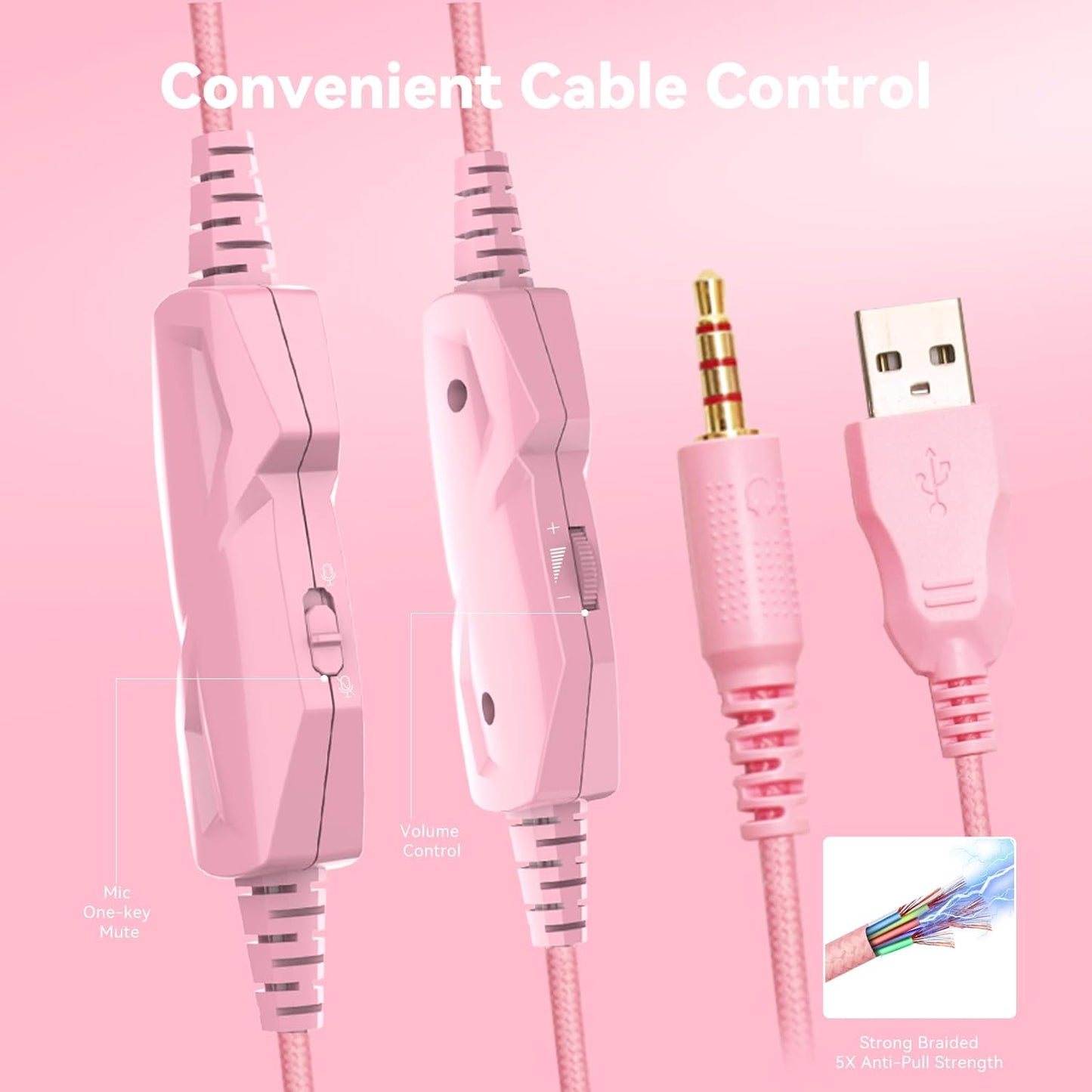 Gaming Headset with Microphone for Pc, Xbox One Series X/s, Ps4, Ps5, Switch, Stereo Wired Noise Cancelling Over-Ear Headphones with Mic, RGB, for Computer, Laptop, Mac, Nintendo, Gamer (Pink)