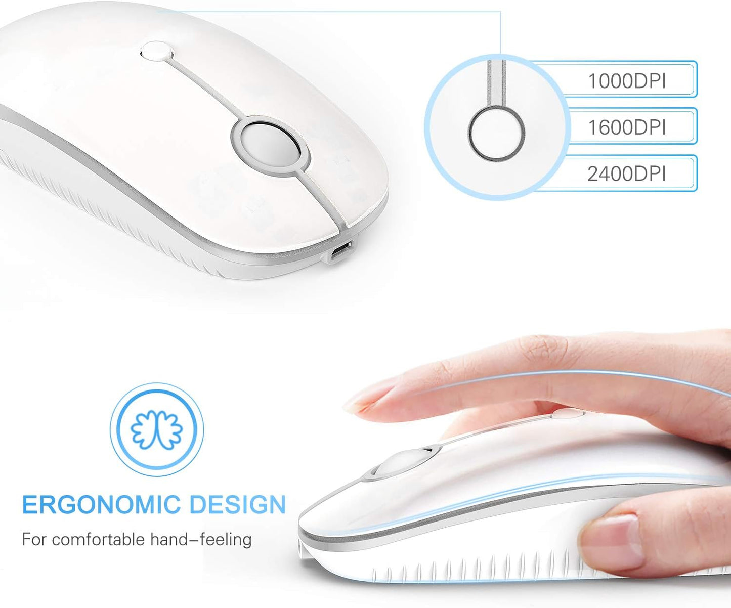 Type C Wireless Mouse,Vssoplor USB C Mouse Dual Mode 2.4G Cordless Mice with Nano USB and Type C Receiver Compatible with PC, Laptop, MacBook and All Type C Devices-White Silver