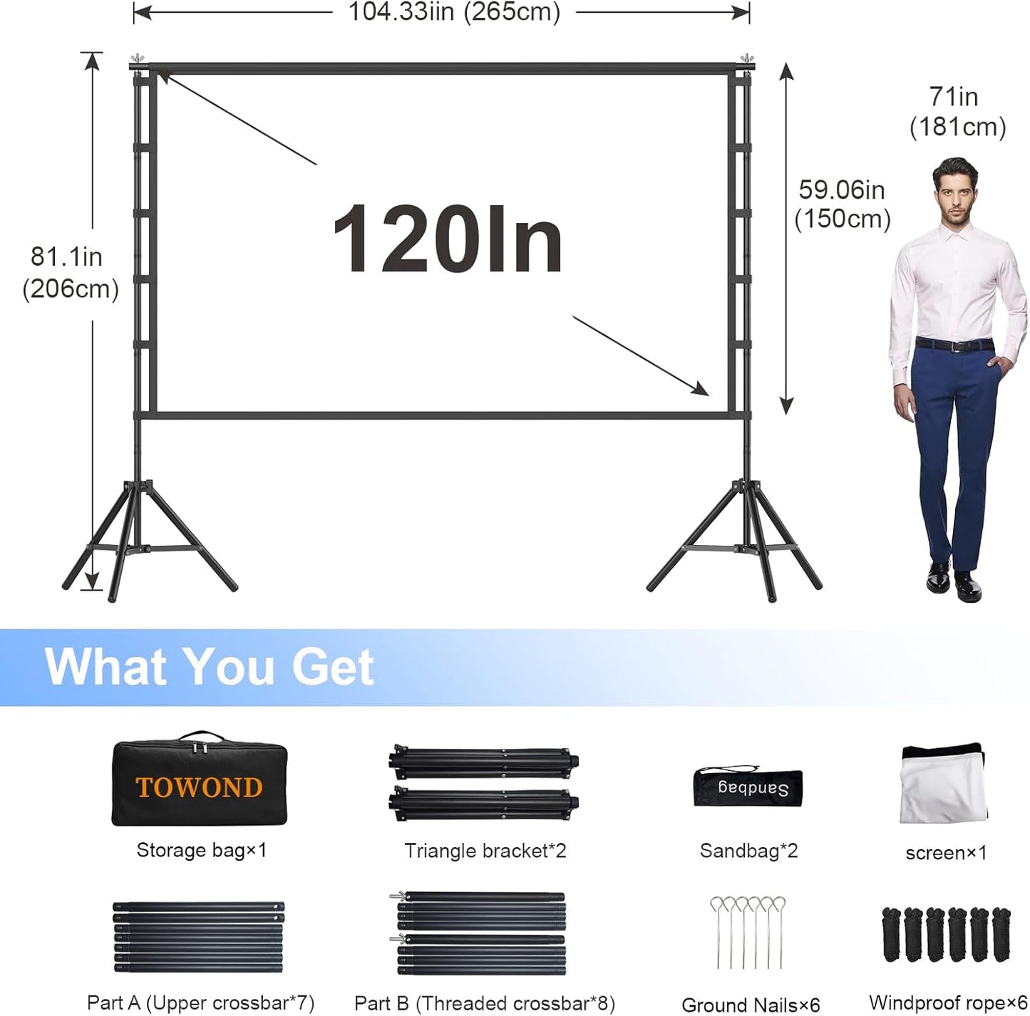 Outdoor Projector Screen with Stand, TOWOND 120 inch Portable Movie Screen, 16:9 HD Foldable Anti-Crease Projection Screen with Carry Bag for Home Theater Outdoor Indoor Support Double Sided