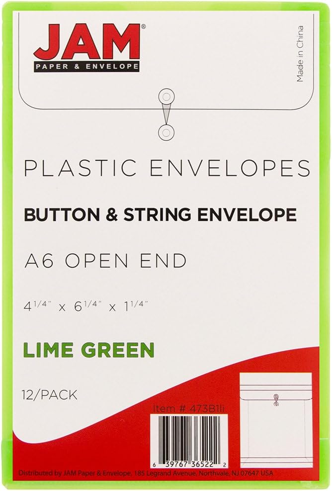 JAM PAPER Plastic Envelopes with Button & String Tie Closure - 4 1/4 x 6 1/4 - Lime Green - 12/Pack