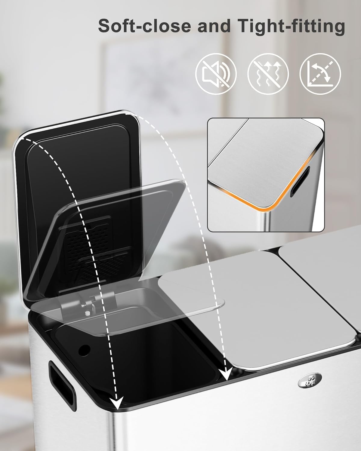 60L/15.9 Gal Gallon Three-Compartment Pedal Stainless Steel Kitchen Recycling Trash Can with Odor Seal, Hands-Free Foot Operated Waste Bin for Home, Office, Restaurant, School, Hospital