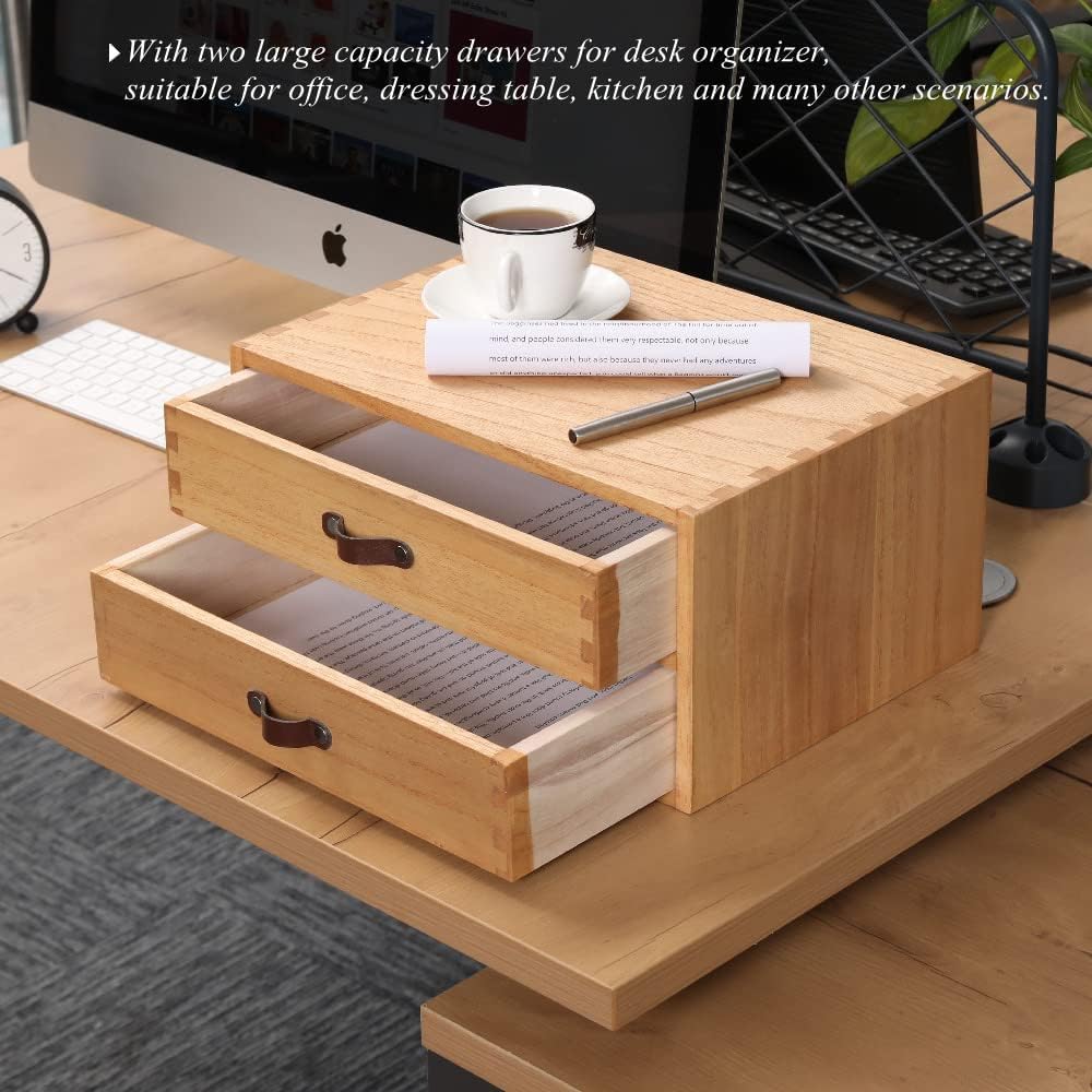 Wooden Desk Organizer with 2 Drawers - Desktop Storage Drawers for Office Supplies File Paper Storage - Wood Chest/Small Cabinets for Jewelry Dresser Kitchen Counter (FAX2C-LT)